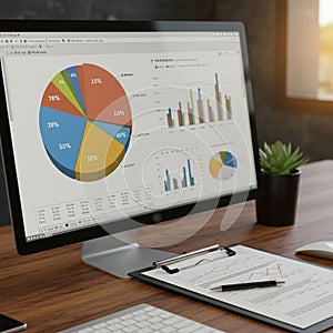 A workspace featuring a computer monitor displaying various charts, including a