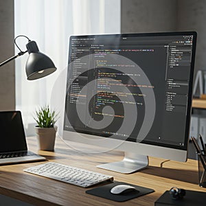 A workspace featuring a desktop computer with a large monitor displaying code in a