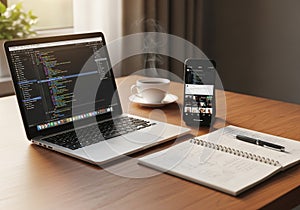 A workspace featuring a laptop displaying code, suggesting