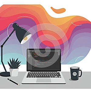 A workspace featuring a laptop displaying colorful code lines, suggesting coding or