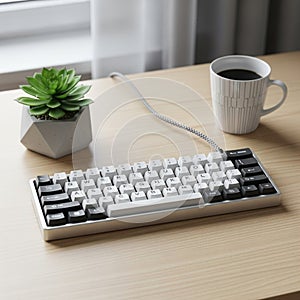 Workspace featuring a mechanical keyboard with white and black