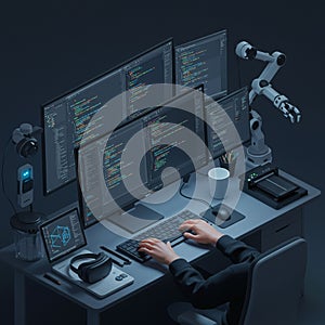A workspace featuring a person using a keyboard with multiple monitors showing