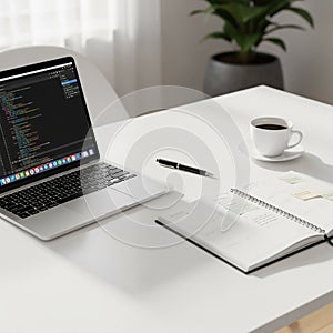 Workspace featuring a sleek laptop displaying code suggesting a