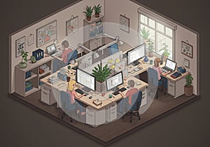 Workspace with four people at desks, each using computers. Monitors display text photo