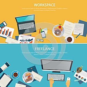 Workspace and freelance banner flat design template