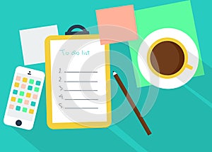 Workspace illustration with coffee and reminder