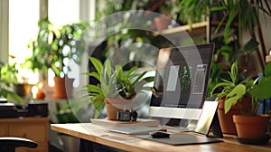 Workspace with iMac and plants in the pots on the table near the window