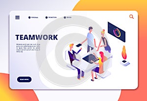 Workspace isometric landing page. People team work in office. Partnership, business process persons working together photo