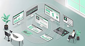 Workspace isometric view with multiple screens and data analysis charts