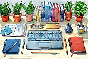 Workspace with laptop, books, plants, coffee cup and supplies on wooden table