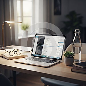 Workspace with a laptop displaying code suggesting a programming or
