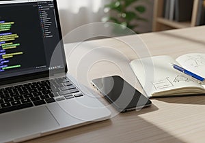 A workspace with a laptop displaying a coding interface with blocks