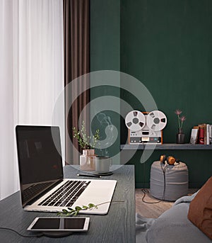 Workspace with laptop.Smart phone charging,vase,coffee cup on wooden desk.White and brown curtain.