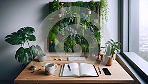 A workspace with living wall, Ai generated image