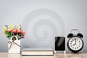 Workspace, notebook and alarm clock with mini black board for note text