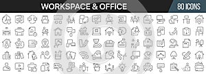 Workspace and office line icons collection. Big UI icon set in a flat design. Thin outline icons pack. Vector illustration EPS10