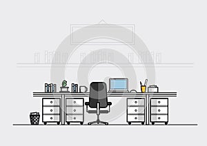 Workspace or office for work of creative graphic designer, laptop and books on desktop, flat line vector and illustration.