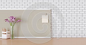 Workspace post it board stationery flowers and sticky notes on a chalkboard Home desk and notepad on white wall Copy space for