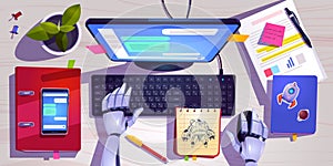 Workspace with robot hands on computer keyboard