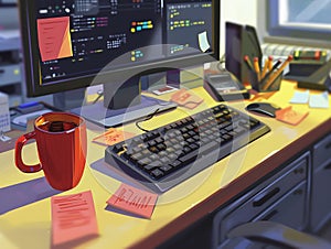 A workspace setup with a computer keyboard a coffee mug and some notes on a table