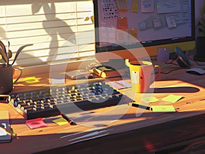 A workspace setup with a computer keyboard a coffee mug and some notes on a table