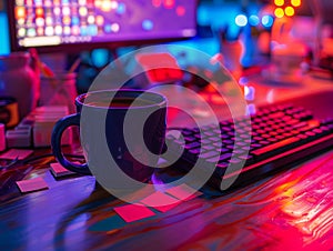 A workspace setup with a computer keyboard a coffee mug and some notes on a table