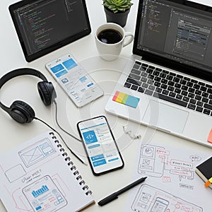 A workspace setup with a laptop displaying coding software, a tablet showing code,