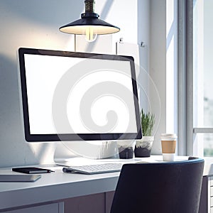 Workspace with silver modern computer. 3d rendering
