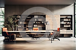 Workspace with spacious, ergonomic desk. Ergonomic furniture design with clean lines