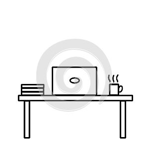 Workspace: table, laptop, computer, books, cup of tea