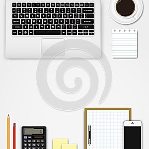 Workspace top view. Mobile devices and office supplies on workplace, desk with copy space