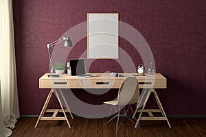 Workspace with vertical poster mock up on the red wall. Desk with drawers in interior of the studio or at home. Clipping path arou