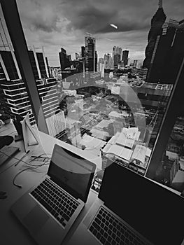 Workspace with a view of skyline and cloudy sky