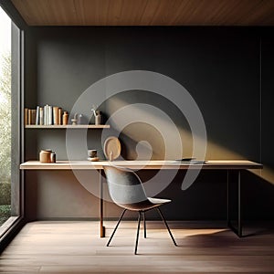 Workspace with wooden writing desk and chair against window near dark wall with shelf. Interior design of modern scandinavian home