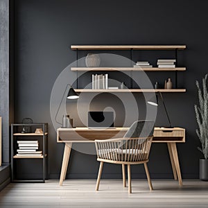 Workspace with wooden writing desk and chair against window near dark wall with shelf. Scandinavian home office