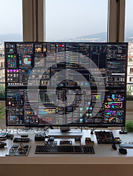 Workstation Filled With Multiple Screens Displaying Data and Analytics in a Modern Setting