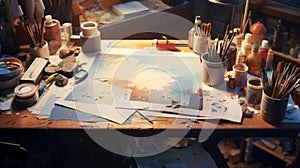 Worktable with art supplies and blank canvas. Concept of artistic process, creative setup, painter's tools, and