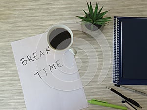 Worktable. Break time, coffee break  background composition. Top view. Relaxation, business morning, break time, coffee time.