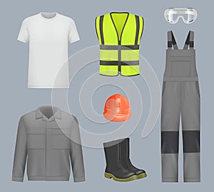 Workwear. Industry realistic uniform workers pants helmet boots and jacket industrial clothes with reflection light