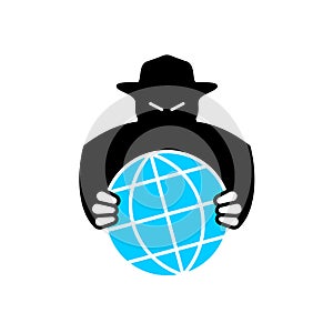 World aggressor symbol. Black silhouette of unknown evil person grabbing the Earth globe.