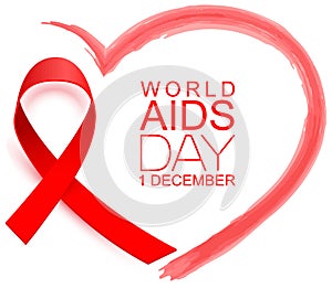 World AIDS day 1 December red loop ribbon symbol hope and support. Red heart shape