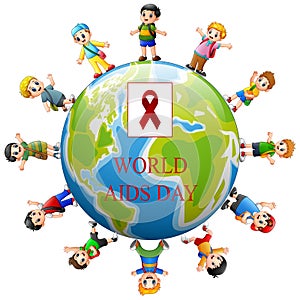 World Aids Day concept with happy kids around a globe