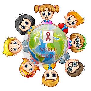 World Aids Day concept with happy kids holding around a globe