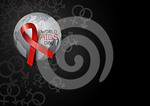 World aids day design of red ribbon and world with sex symbol