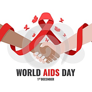 World aids day - hand hold hand with red ribbon roll waving and red butterfly around vector design