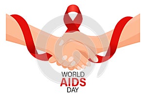 World AIDS Day. Hand holding hand and red awareness ribbon. Banner, poster