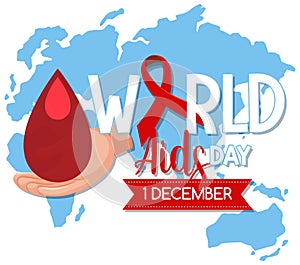 World AIDS Day logo or banner with red ribbon on world map bcakground