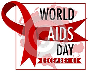 World AIDS Day logo or banner with red ribbon on world map bcakground photo