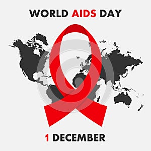 World AIDS Day poster. Aids Awareness. 1st December banner with map and ribbon. Vector.