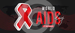 World aids day - Text and 3D red ribbon sign on black background with world map and line red blend curve texture vector design